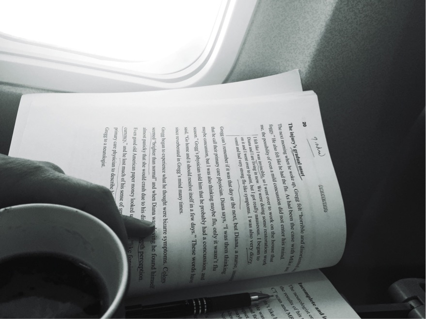 Dr. Ammar Hadi reading 'You Look Great!' on a flight